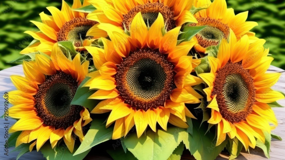 Fototapeta premium a group of sunflowers with green leaves