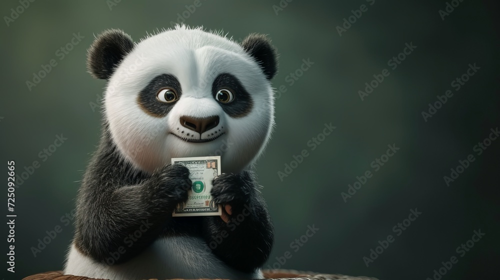 A cute panda cub is teasing himself while holding cash.