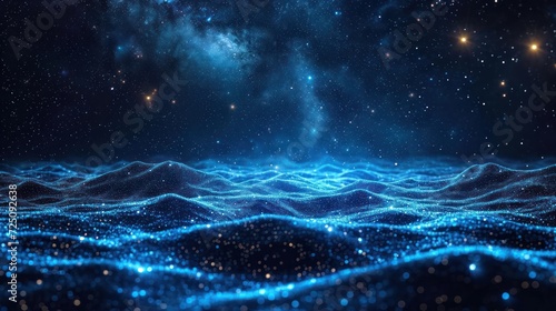  a painting of a night sky with stars above a body of water with waves in the foreground and a star filled sky in the background.