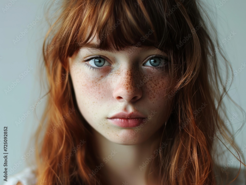 a woman with freckles and blue eyes