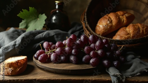 a bunch of grapes on a wooden plate next to a basket of bread