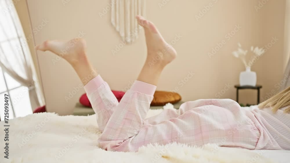 Relaxed woman in pink pajamas lounging in a cozy bedroom setting with elegant decor. Relaxed woman in pink pajamas lounging in a cozy bedroom setting with elegant decor.