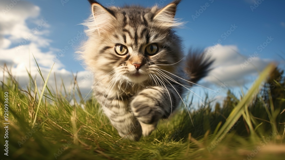 cat, Ojos Azules running on a grass