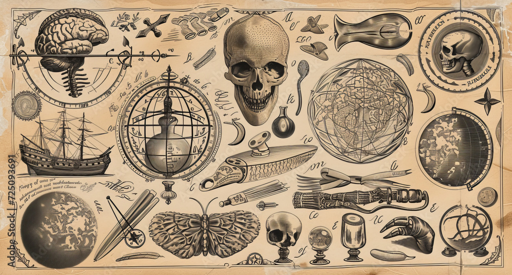 An assortment of illustrations depicting old science, such as chemistry, phrenology, and medicine.
