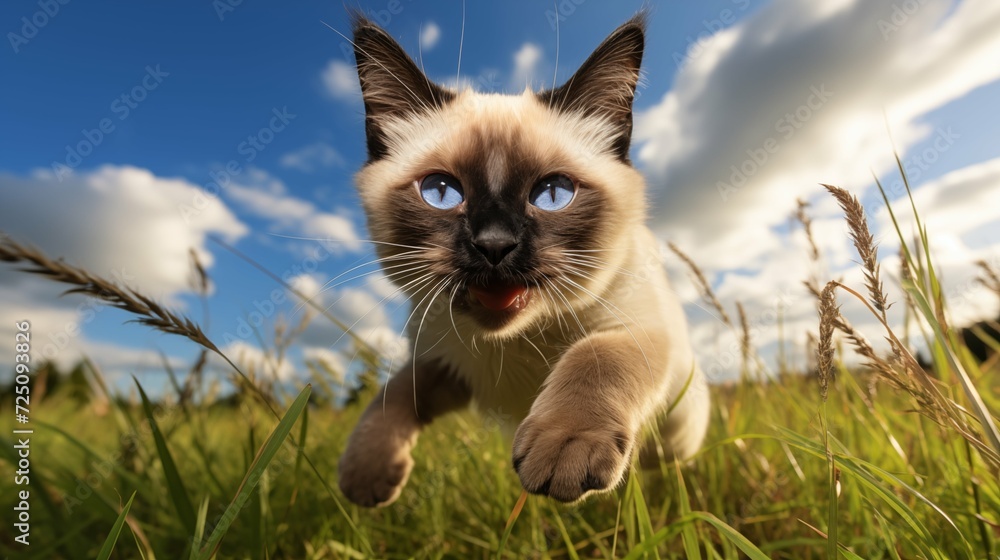 cat, Siamese running on a grass