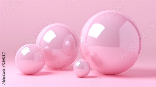  a group of shiny pink balls sitting on top of a pink surface in front of a light pink back ground.