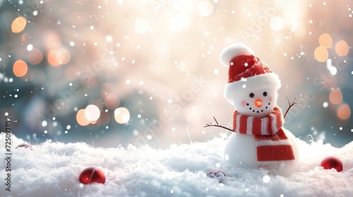 A charming little snowman wearing a red new province hat and scarf stands against a snowy winter Christmas background.