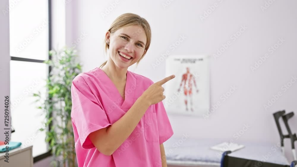 Cheerful, beautiful blonde girl, working hard at rehab clinic, smiling confidently and optimistically as she points with her hand and finger towards the side. Cheerful, beautiful blonde girl, working hard at rehab clinic, smiling confidently and optimistically as she points with her hand and finger towards the side.