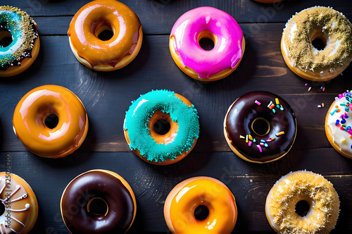 Brightly colored appetizing dounuts on wooden background top view photo