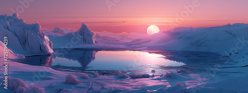 an ice world at sunrise with a lake in the middle in 
