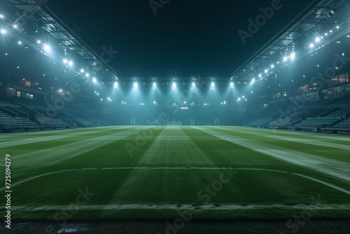 Empty soccer stadium with lights on