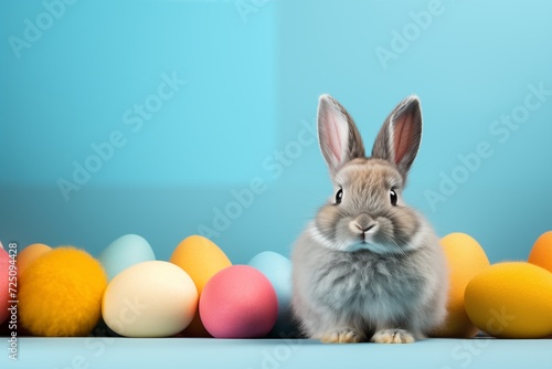 Easter bunny rabbit with colorful eggs on blue background with copy space. Easter holiday concept.