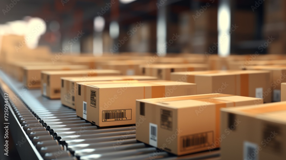 Cardboard boxes on conveyor rollers ready to be shipped by courier for distribution. Neural network AI generated art Cardboard boxes on conveyor rollers ready to be shipped by courier for distribution. Neural network AI generated art
