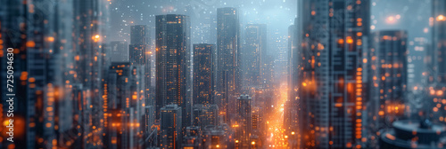 Futuristic cityscape. Digital network in the city. Banner image.