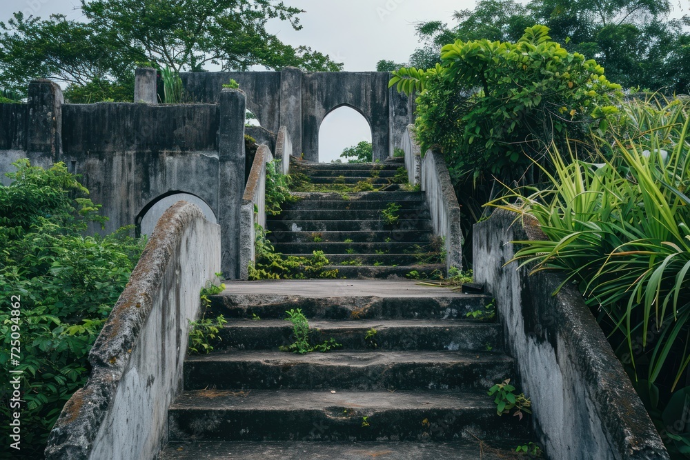 a stone stairs with plants and trees