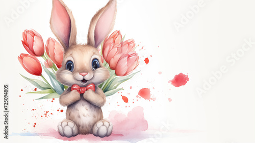 Adorable cartoon bunny with bow, red tulips and watercolor splash.