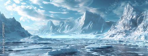 an icy landscape with mountains surrounded by ice in 
