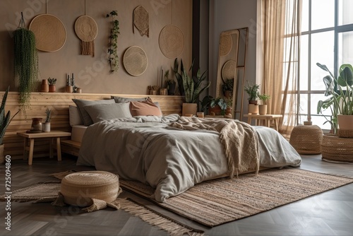 Ad for selling real estate and renting apartments in a cozy home. Carpet in the bedroom  stairs  a potted plant  a double sized bed with pillows and a lovely blanket  and an empty area