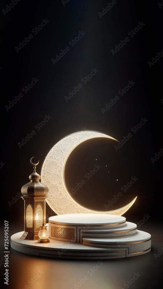 white marble podium with blue crystal, peach rose and islamic lantern, ai generated