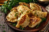 a plate of dumplings with green onions