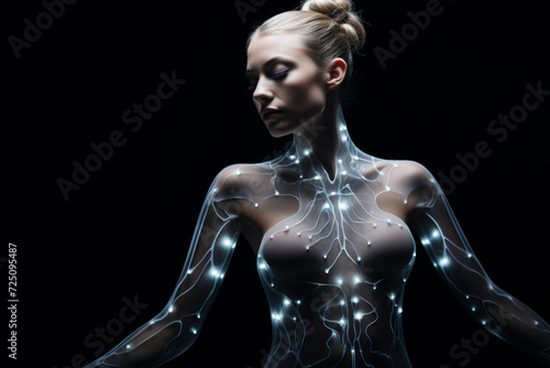 Woman Wearing Futuristic Technology Clothes on Black Background