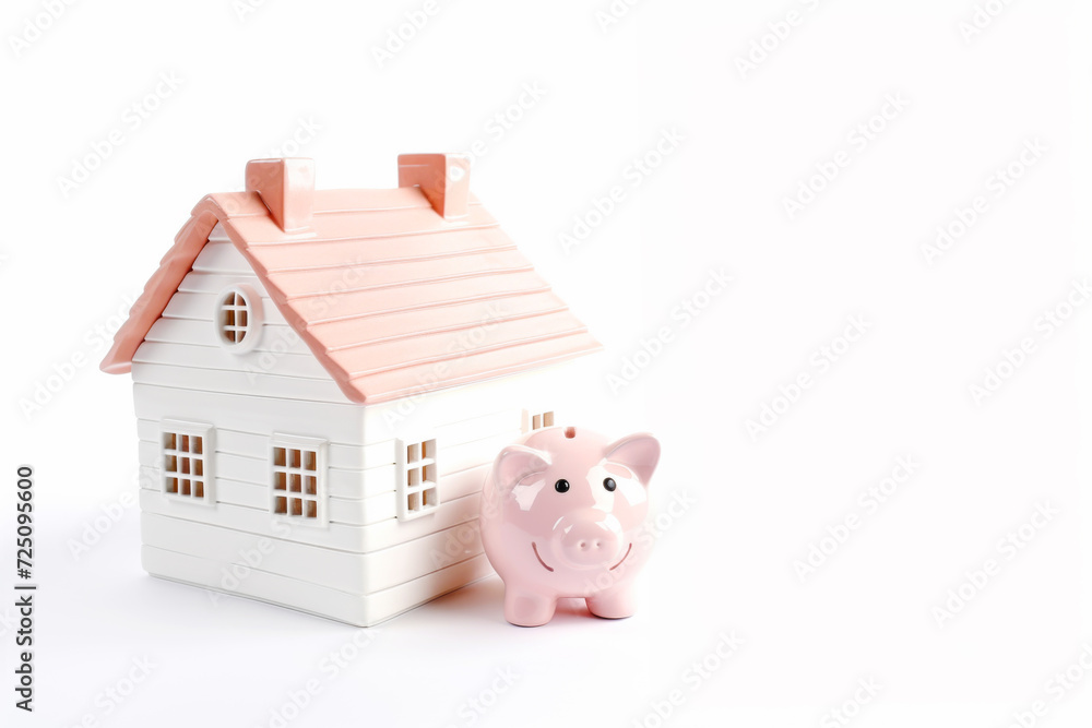 Pink Piggy Bank and Model of House on White Background