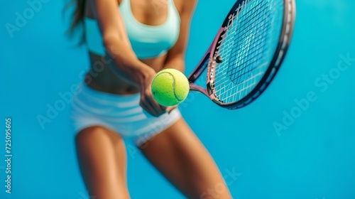 Sporty image of female tennis player on blue background