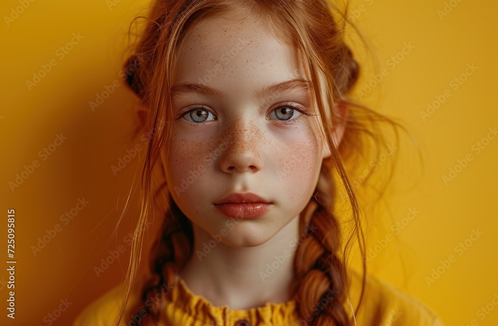 a girl with freckles and braids looking at the camera a girl with freckles and braids looking at the camera
