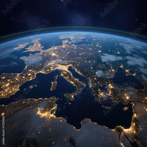 View of the Earth from space at night, the largest cities of the Europa are illuminated.