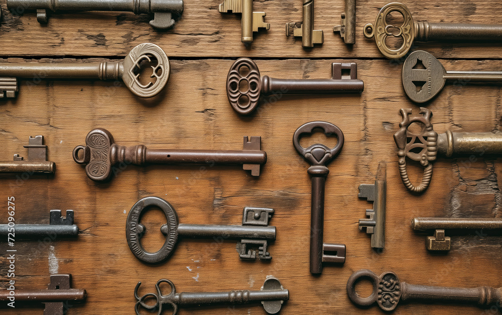 Obraz premium Assortment of Antique Keys on Rustic Wood