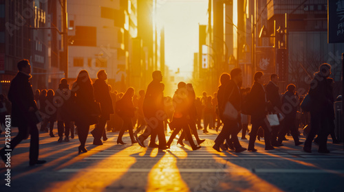 Busy Pedestrians Crossing In Warm Sunset Light, Casting Long Shadows On The Urban Roadway. photo