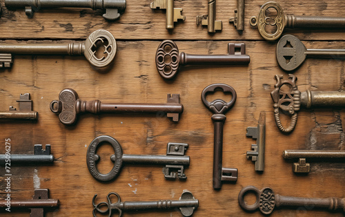 Assortment of Antique Keys on Rustic Wood