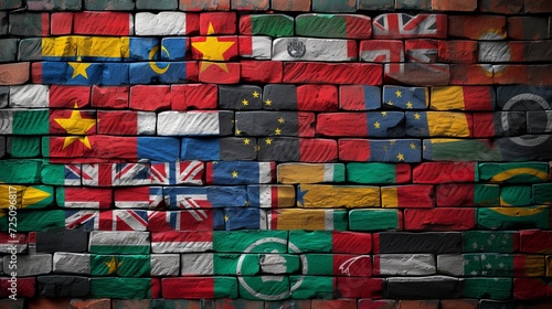 coloured backdrop of an old brick wall featuring the flags of several nations united together