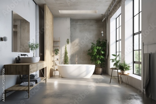 Interior of a loft bathroom with white walls over concrete floors  two sinks  and a white tub. a mockup