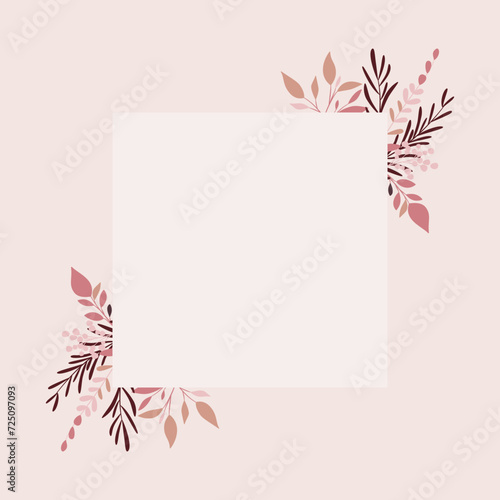 Szablon zaproszenia ślubnego. Elegancka kartka z dekoracją botaniczną w odcieniach różu, z ciemnym brązowym akcentem. Kwiatowy wzór z liśćmi i gałązkami.
