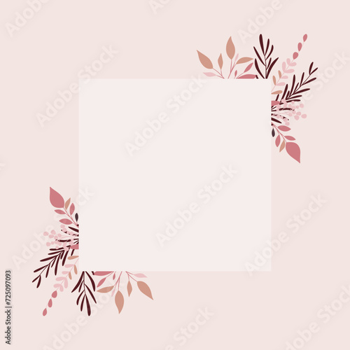 Szablon zaproszenia ślubnego. Elegancka kartka z dekoracją botaniczną w odcieniach różu, z ciemnym brązowym akcentem. Kwiatowy wzór z liśćmi i gałązkami.