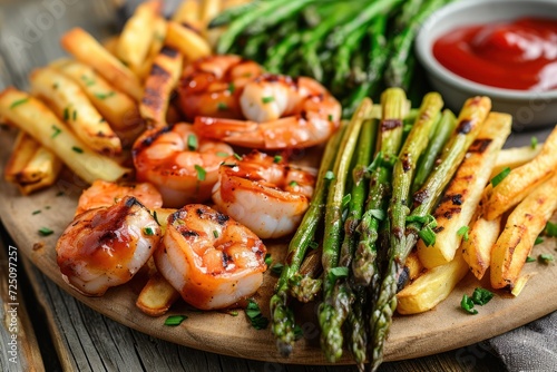 a plate of shrimp and asparagus