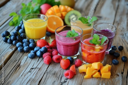 a group of glasses of fruit juice and fruit on a table