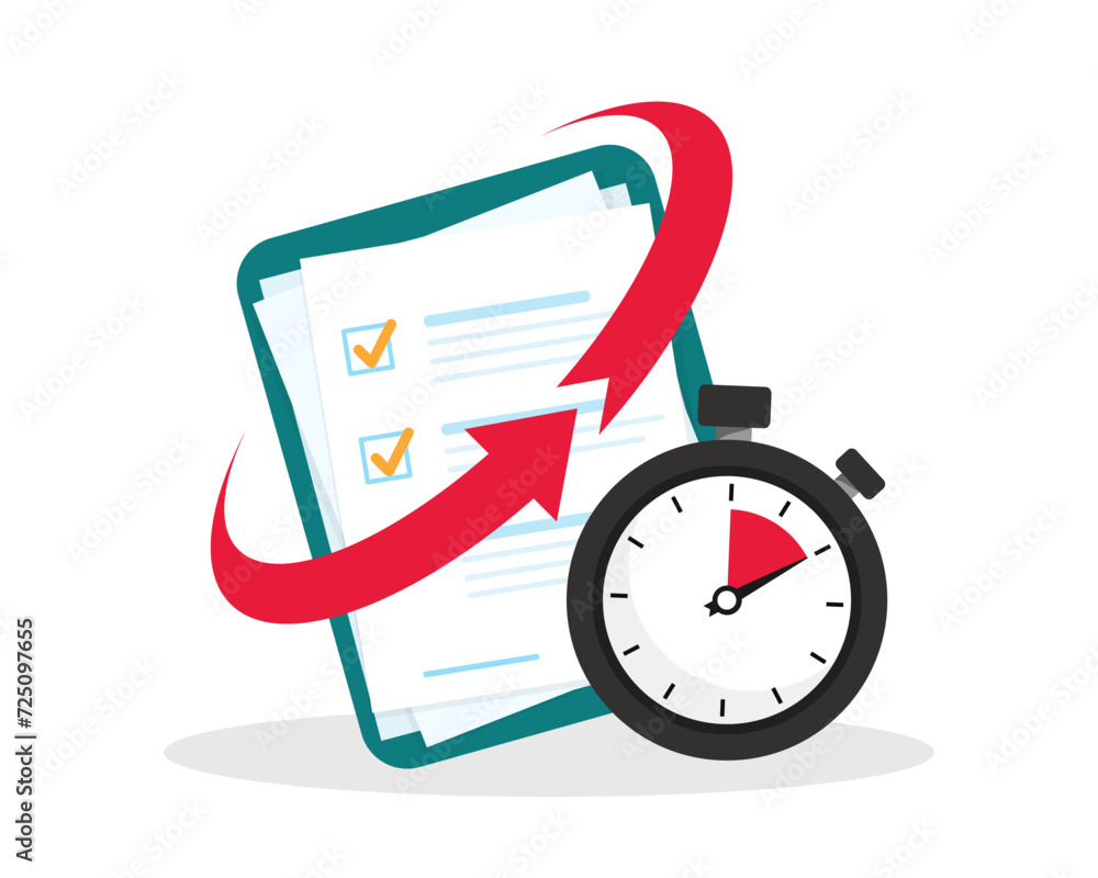 Quick services, checklist and stopwatch. Quick survey. Planning, procrastination and efficiency, project management, quick questionnaire. Speed and fast time symbol. Vector illustration - obrazy, fototapety, plakaty 