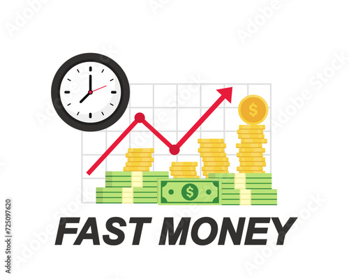 Time is money concept. Quick money. Stopwatch and portfolio performance graph. Revenue increase chart, business growth, return on investment, fast loan, financial success. Timer, watch and finance.