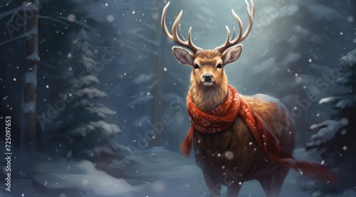 a deer with a scarf in the snow