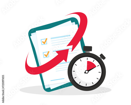 Quick services, checklist and stopwatch. Quick survey. Planning, procrastination and efficiency, project management, quick questionnaire. Speed and fast time symbol. Vector illustration
