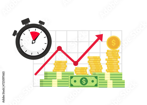 Time is money concept. Quick money. Stopwatch and portfolio performance graph. Revenue increase chart, business growth, return on investment, fast loan, financial success. Timer, watch and finance.