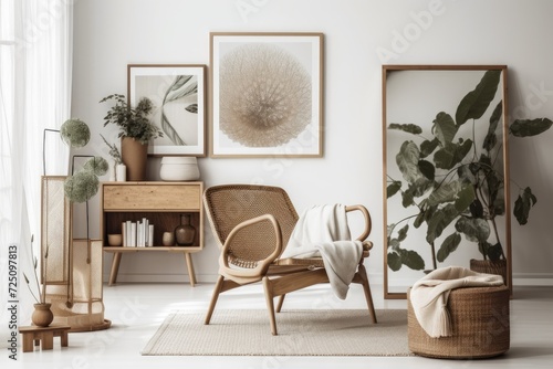 An attractive armchair, wooden shelf, mock up poster frame in brown, elegant accessories, and hanging rattan bags and leaves can be seen in this stylish Korean living room. minimalist design idea for  photo