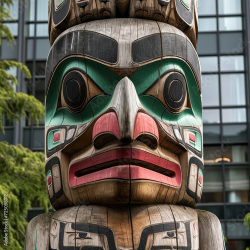a totem pole with a face carved into it