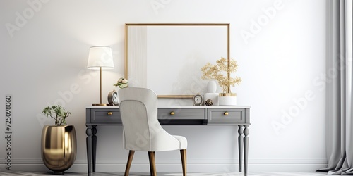 Chic and sophisticated interior design featuring a wooden desk, grey velvet chair, designer accessories, gold lamp, and hanging mirror on a white wall. photo