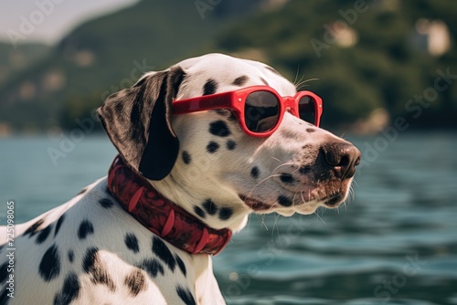 a dog wearing sunglasses and a collar