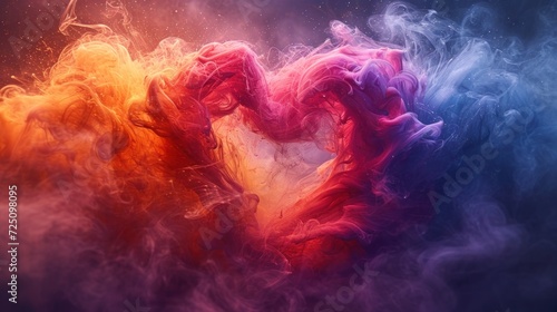  a heart shaped cloud of colored smoke on a black background with a red, yellow, and blue color scheme.