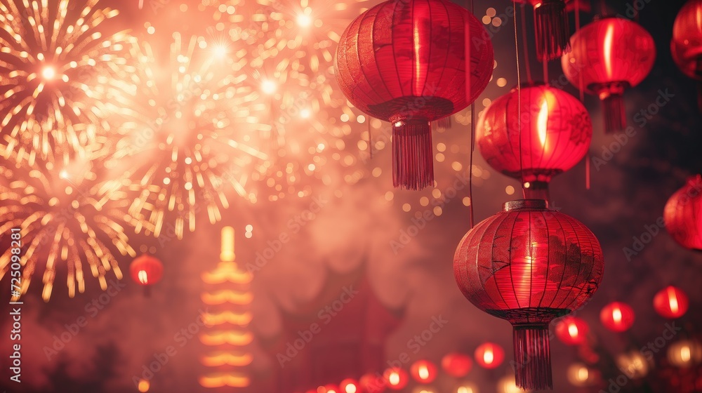 Red Chinese lanterns and fireworks in the night sky. Chinese New Year concept. Red Chinese lanterns and fireworks in the night sky. Chinese New Year concept.