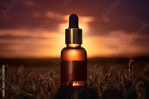 Essential Oil Bottle in Grass at Sunset  Mockup. Empty label.